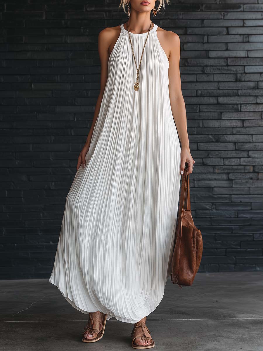 Simple And Casual Round Neck Sleeveless White Pleated Chiffon Maxi Dress