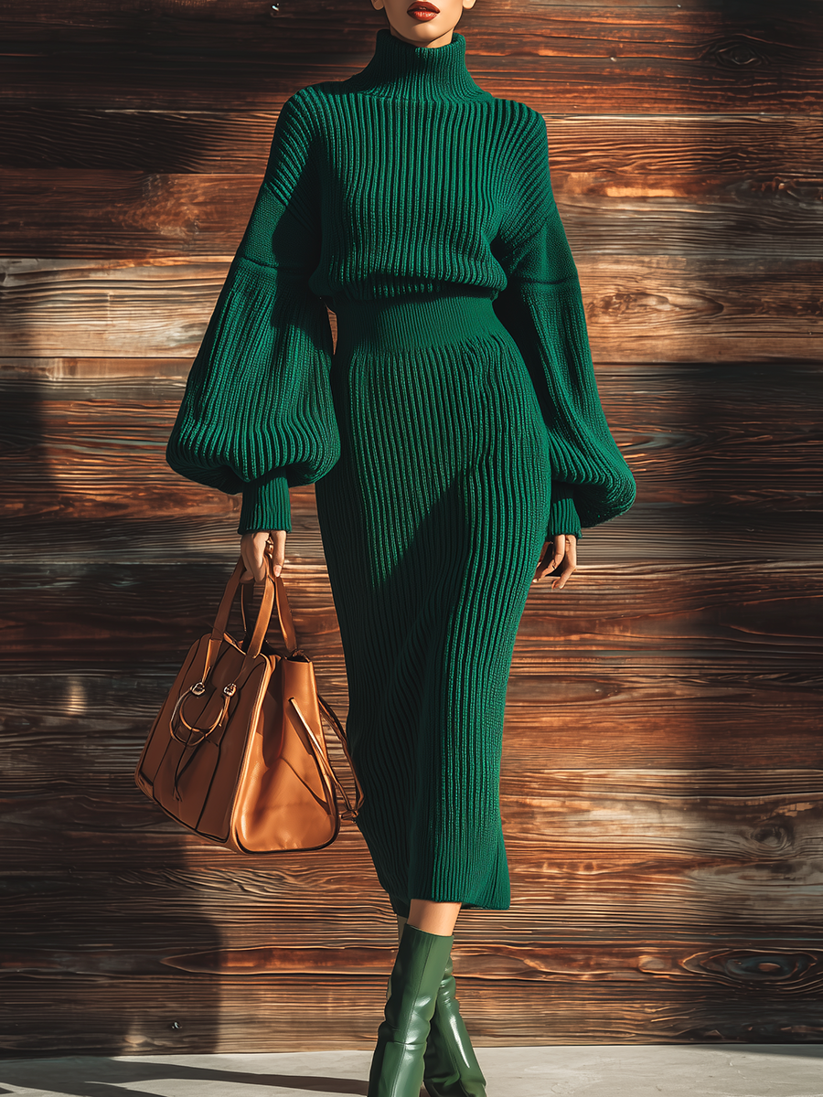 Vintage High-neck Lantern-sleeve Knit Maxi Dress