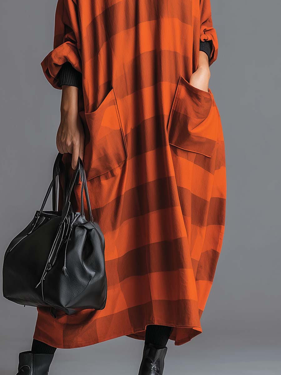 Vintage Fashion Ultra Loose V-neck Large Pockets Orange And Brown Wide Striped Maxi Dress