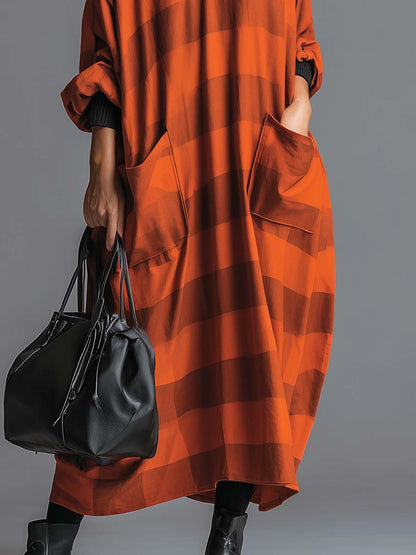 Vintage Fashion Ultra Loose V-neck Large Pockets Orange And Brown Wide Striped Maxi Dress