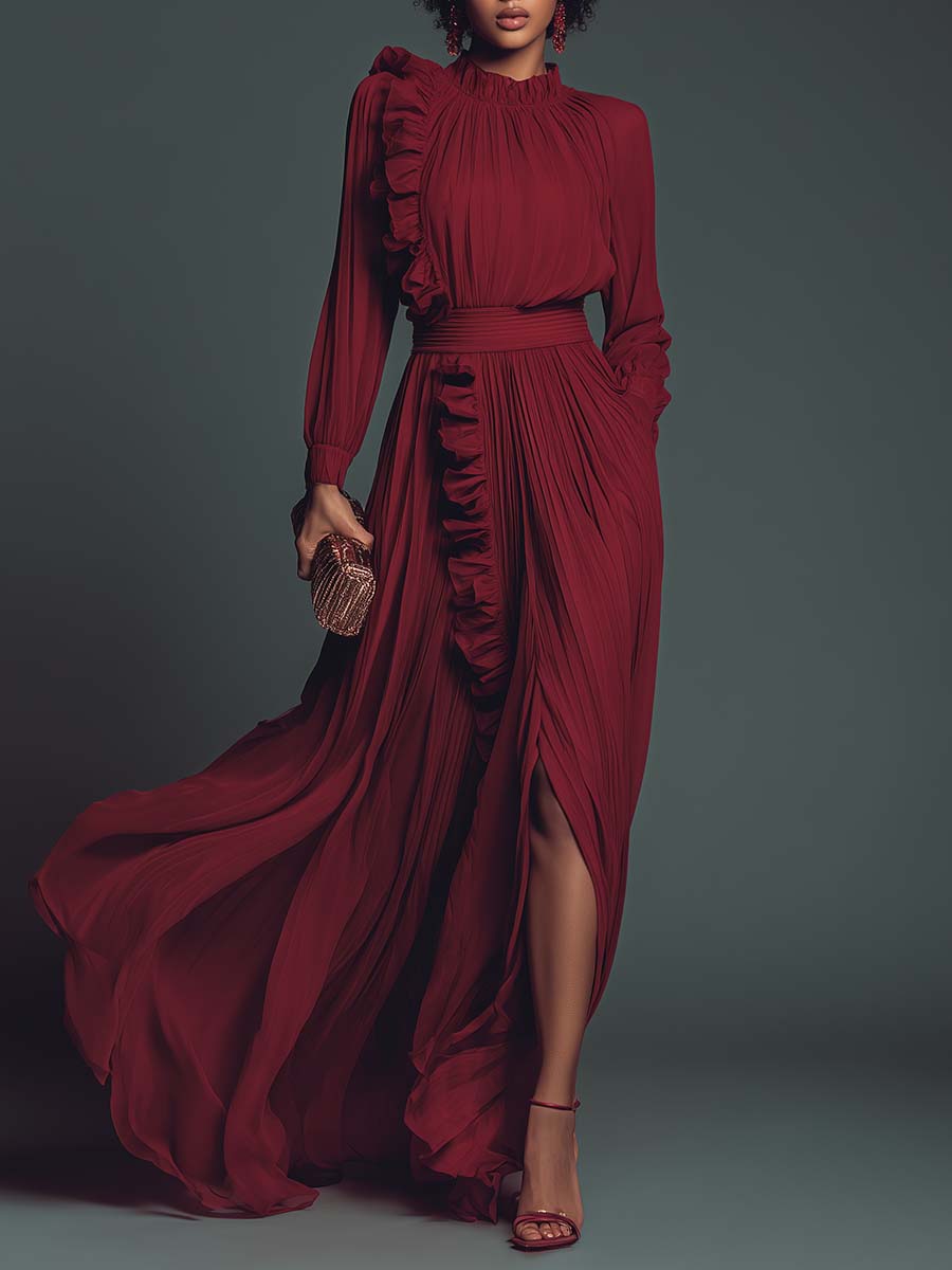 Elegant Fashion Flowing Ruffle Trim Red Pleated Chiffon Slit Maxi Dress