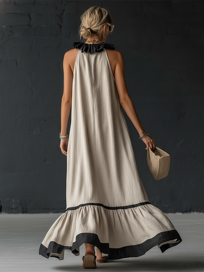 Stylish Simple Sleeveless Color-blocked Ruffled V-neck Cotton Linen Maxi Dress
