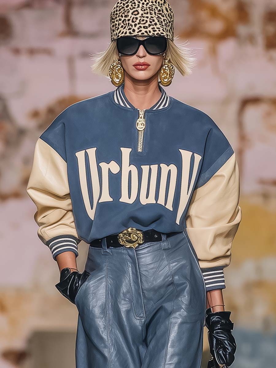 Retro Fashion Sports Wide Shoulder Contrast Sleeve Baseball Sweatshirt