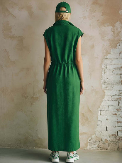 Retro Casual Urban Style Lapel Front-tie Emerald Green Cotton Maxi Dress