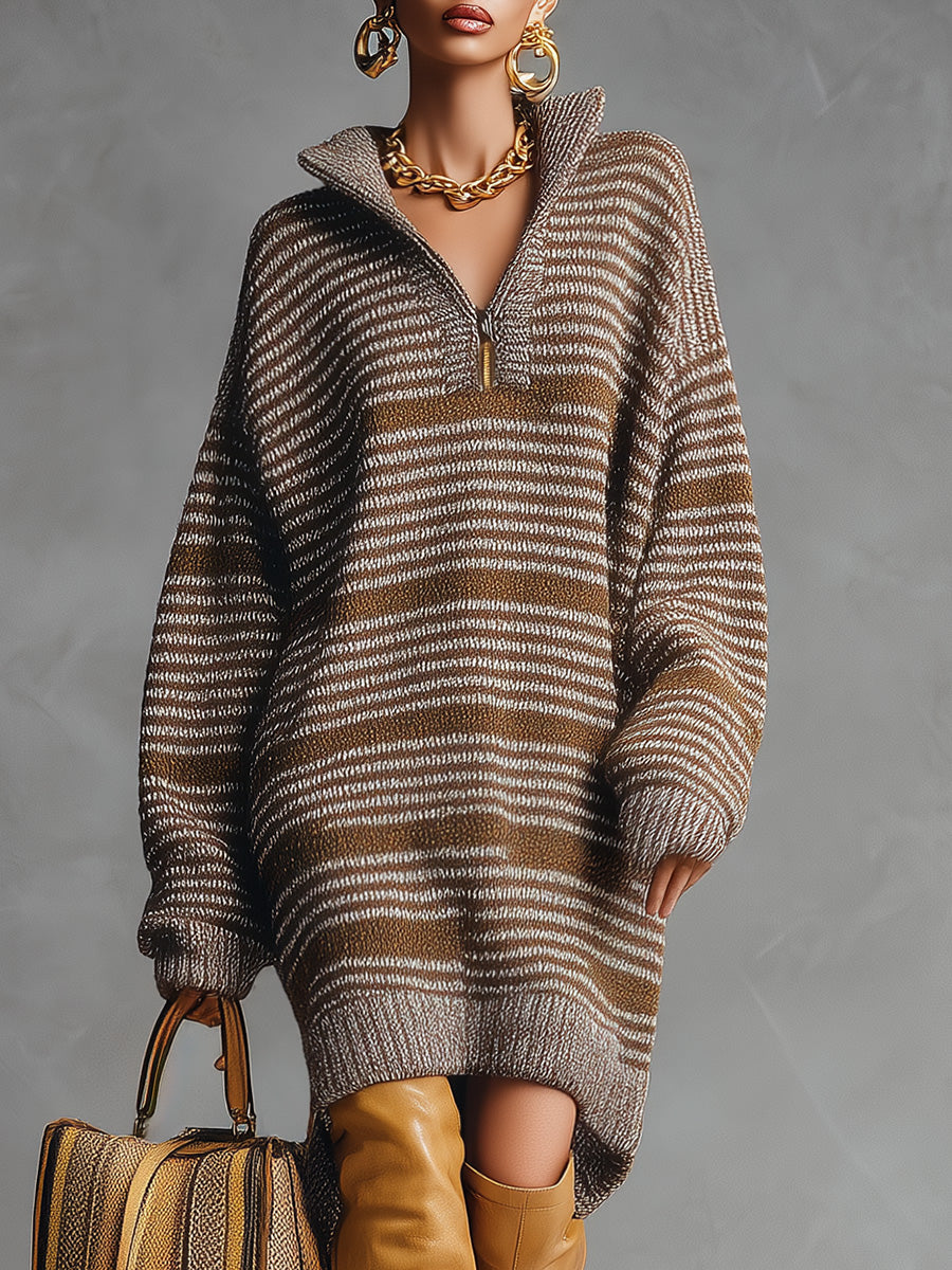 Loose Casual Lapel Front Zipper Brown Striped Knitted Midi Dress