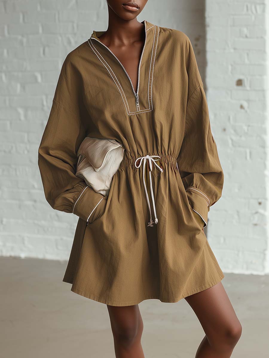 Casual Retro Loose V-neck Front Zip Drawstring Waist Ginger Yellow Cotton Mini Dress
