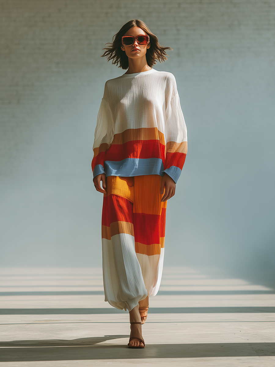 Stylish Simple Striped Loose-fitting Long-sleeved Round-neck Top And Wide-leg Chiffon Pants Set