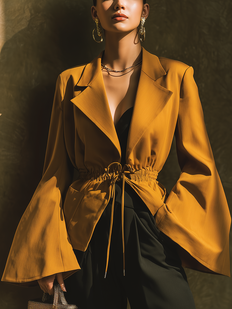 Retro Urban Casual Blend Yellow Lapel Drawstring Suit Jacket