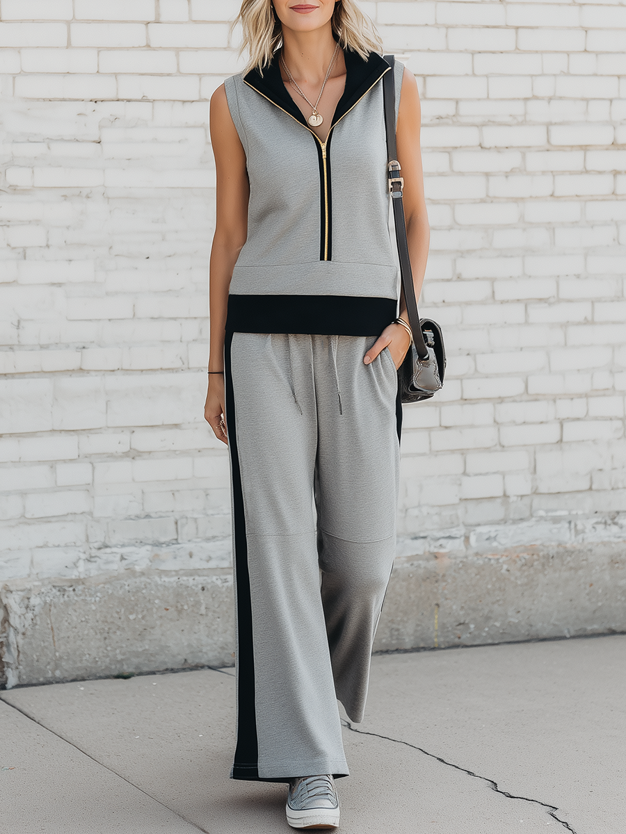 Sporty Grey Black Color Block Knitted Polo Top And Wide Leg Pants Set