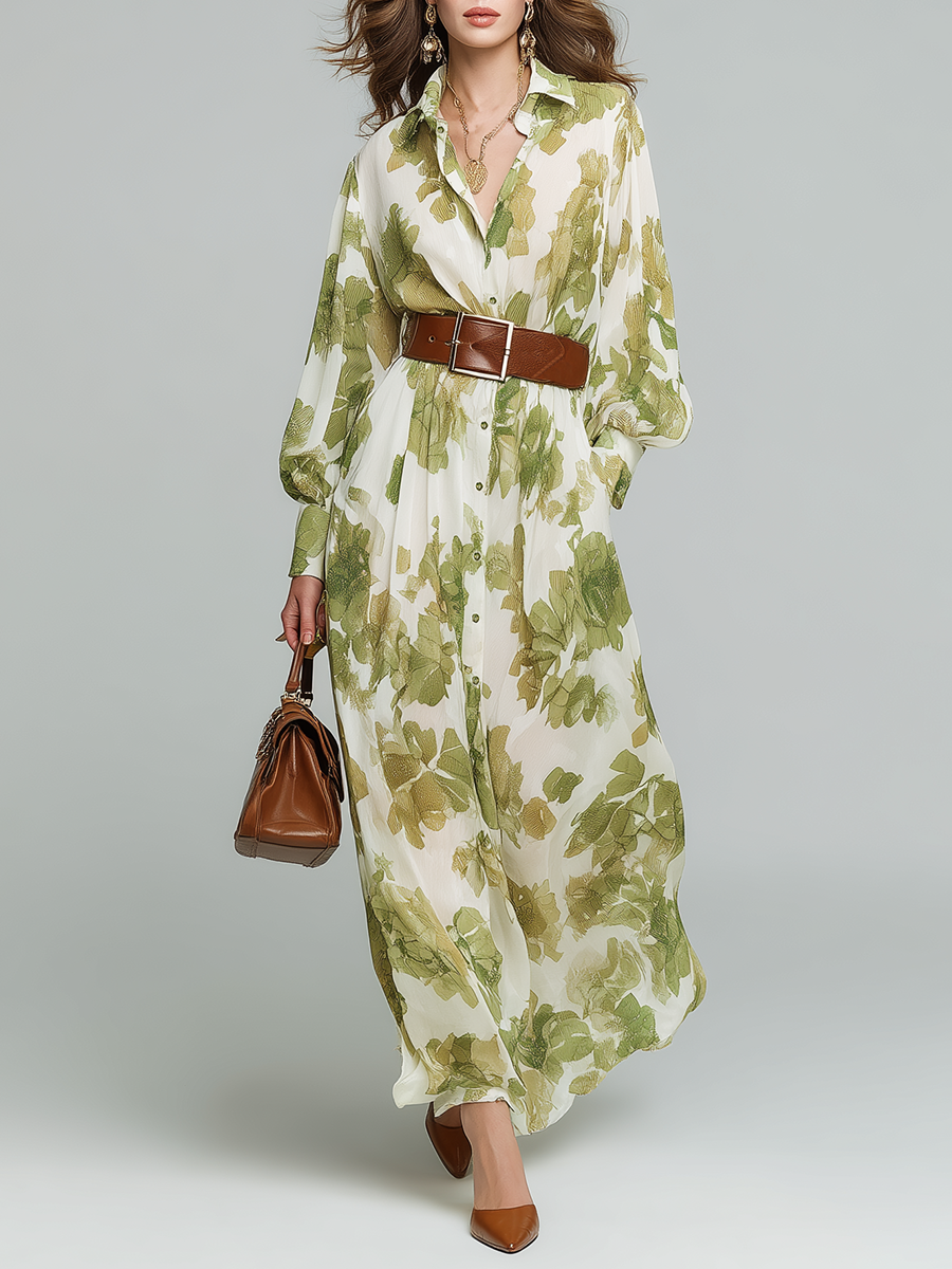 Vintage-style Loose-fitting Long-sleeved Collared Button-front Belt Printed Chiffon Maxi Dress