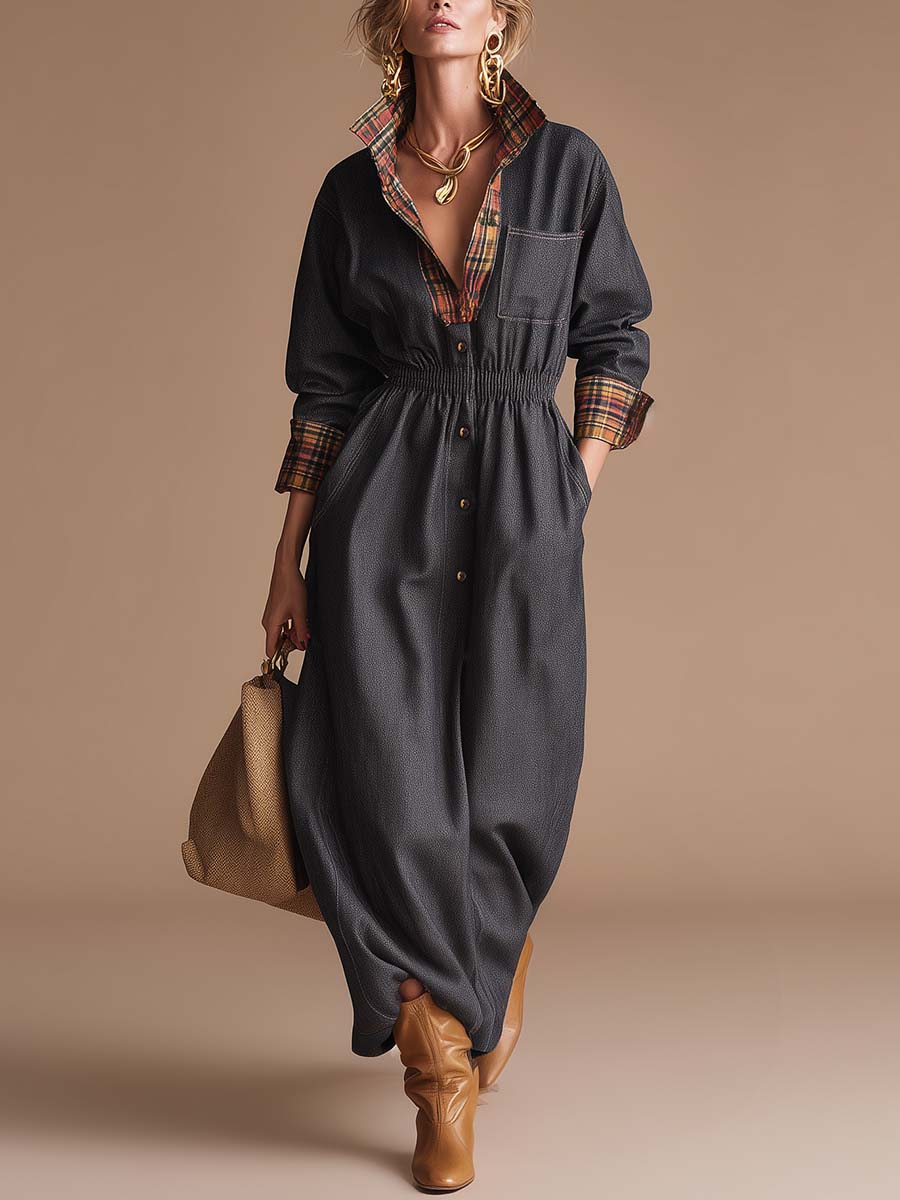 Temperament Retro Orange And Red Plaid V-lapel Front Button Dark Gray Denim Maxi Dress