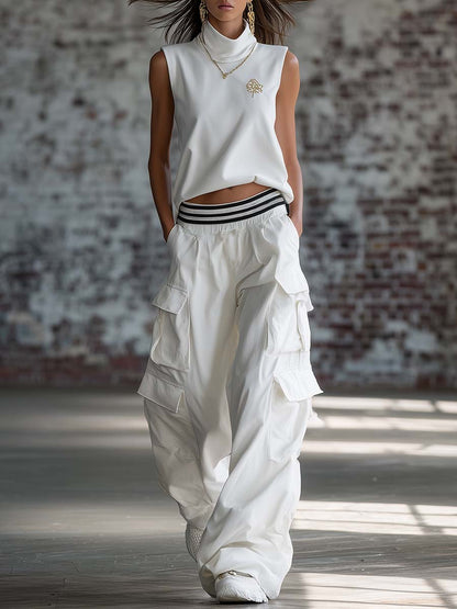 Exquisite Fashion Athletic Workwear Style White Cotton Sleeveless Top With A Mock Neck And  Pants Set