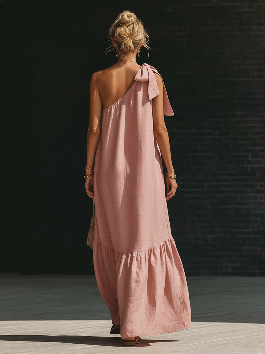 Stylish Simple Loose-fitting Sleeveless One-shoulder Tie-up Ruffled Hem Pink Cotton-linen Maxi Dress