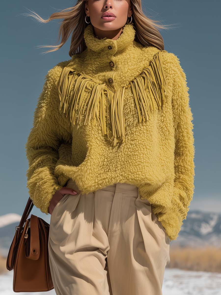 Vintage Fashion High Collar Front Button Chest Tassel Bright Yellow Polar Fleece Sweatshirt
