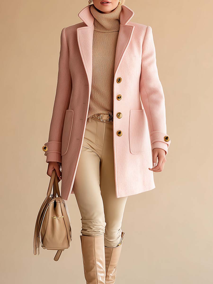 Vintage Urban Pink Lapel Button Cashmere Coat