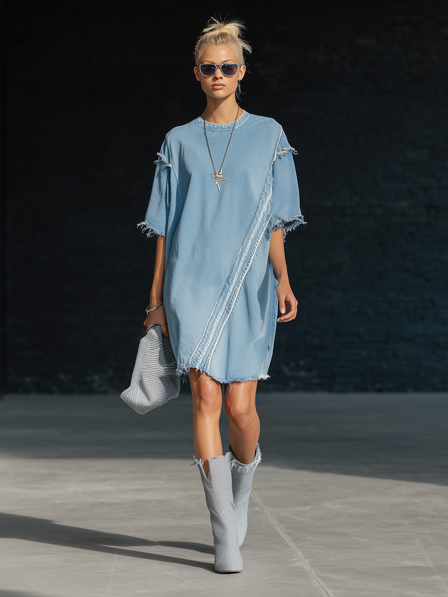 Stylish Simple Loose-fitting Short-sleeved Frayed Edges Diagonal Trim Light Blue Denim Mini Dress