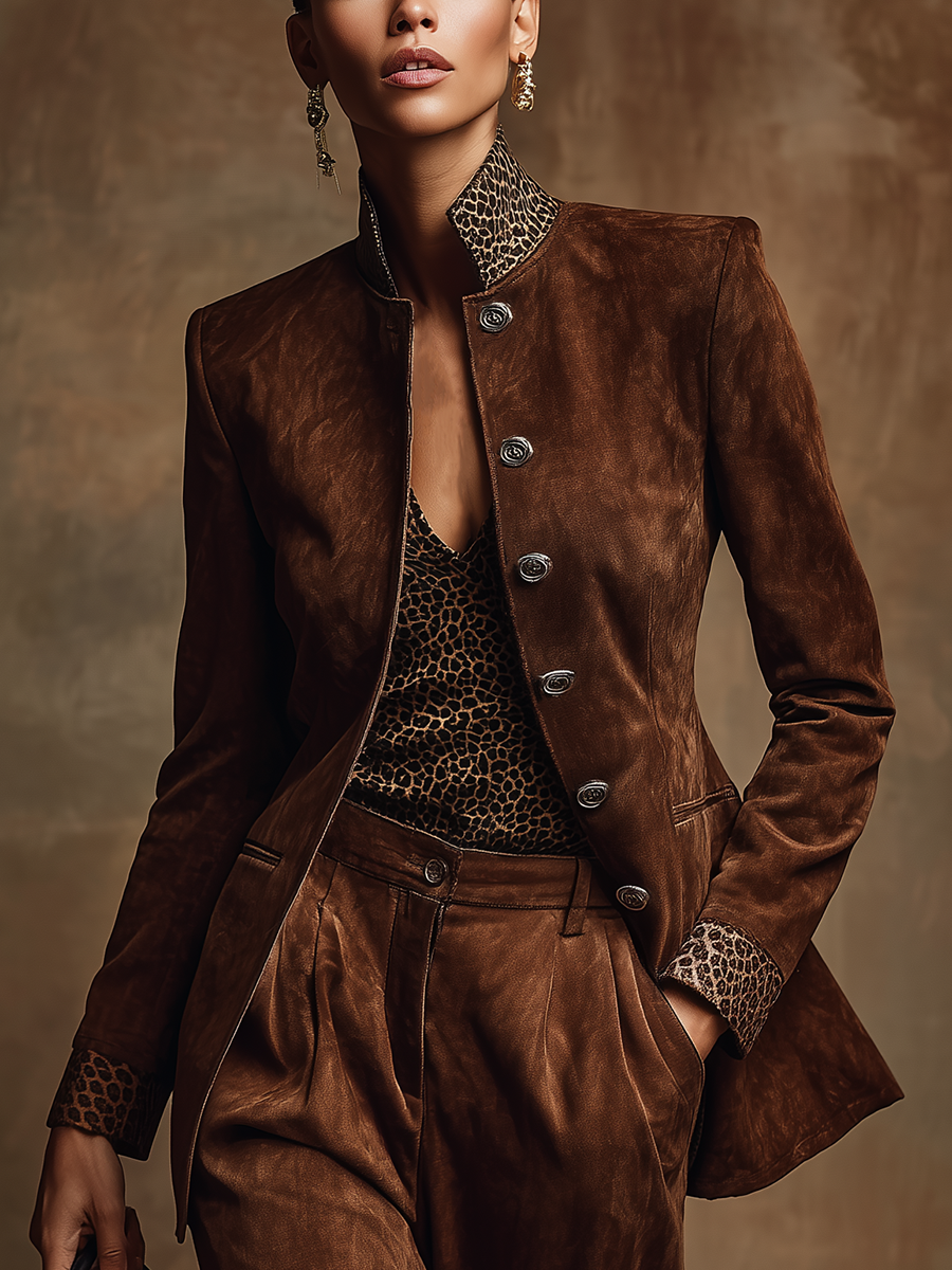 Retro Classic Urban Style Brown Faux Suede Button-down Collar Jacket