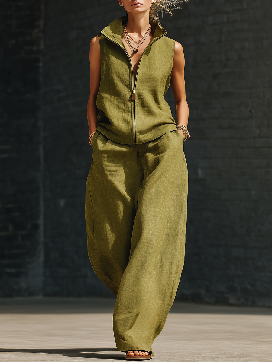 Retro-style Sleeveless Collared Front-zip Top And Wide-leg Pants Green Cotton-linen Set