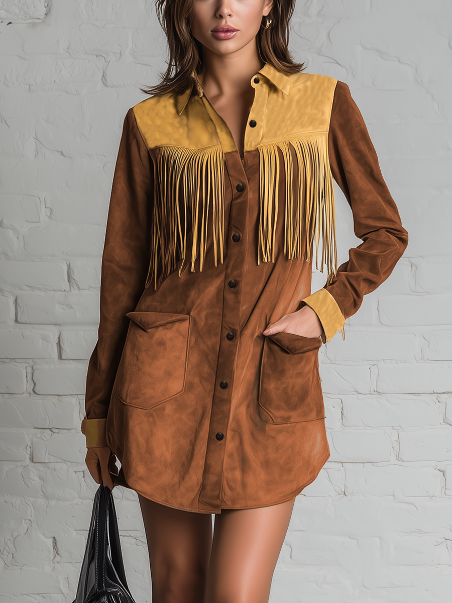 Retro-style Loose-fitting Long-sleeved Contrasting Color Paneling Lapel Collar Front Button Closure Fringed Suede Mini Skirt