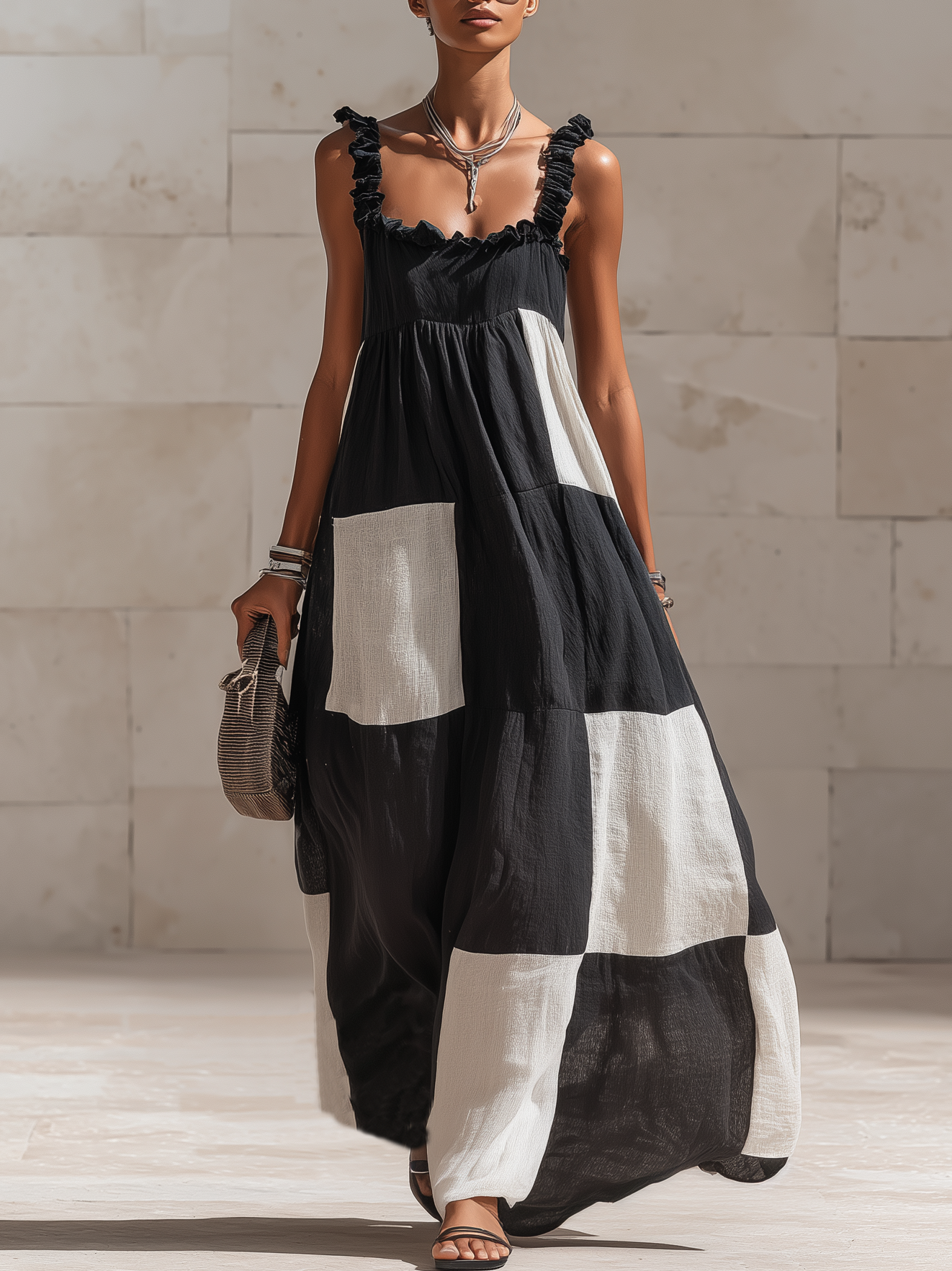 Stylish Minimalist Sleeveless White Square-Panel Ruffled Straps Black Cotton Maxi Dress