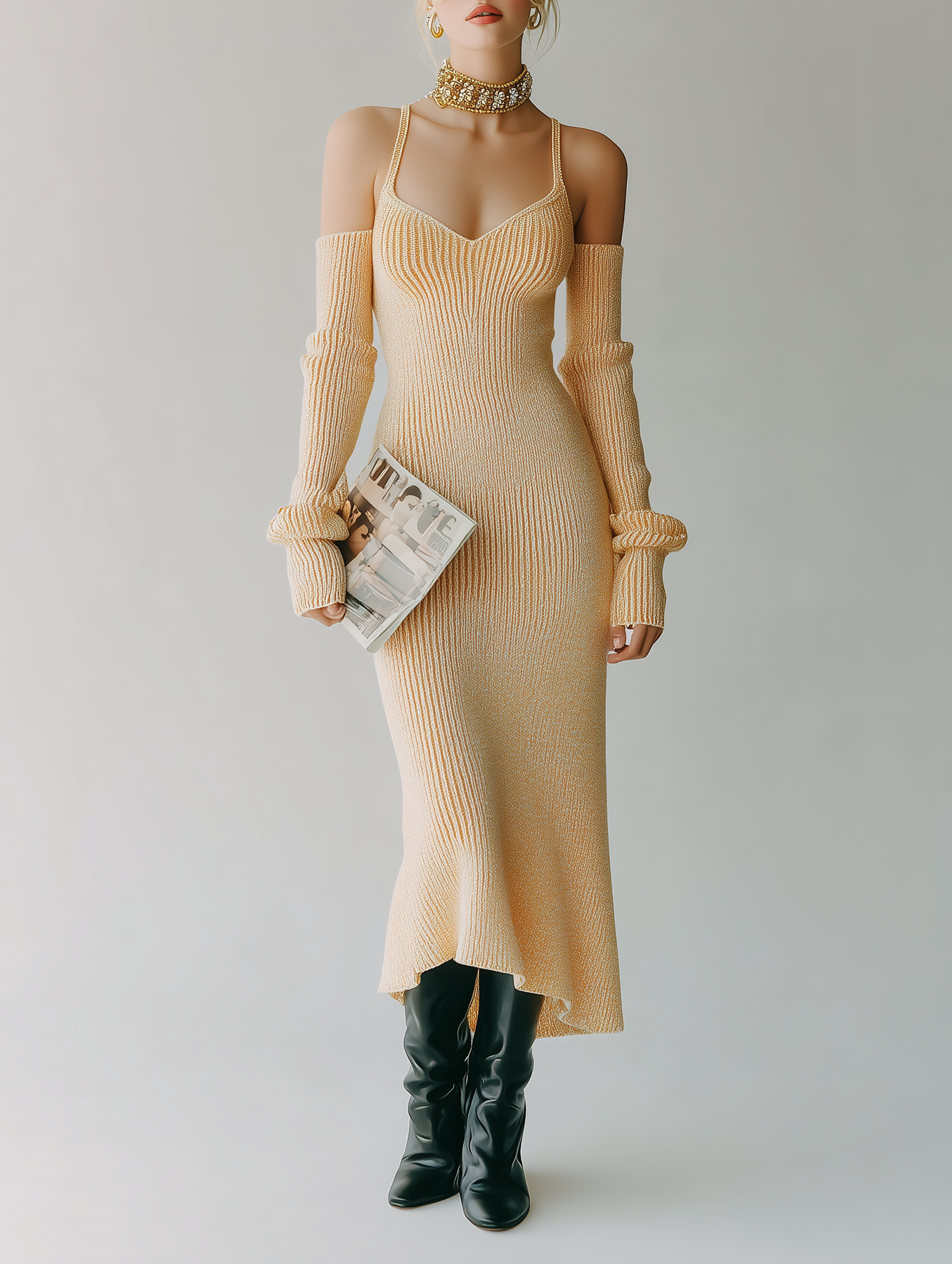 Urban Strapless Wool Midi Dress With Long Sleeves