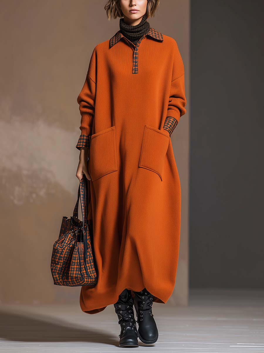Vintage Plaid Polo Big Pocket Orange Knitted Straight Maxi Dress