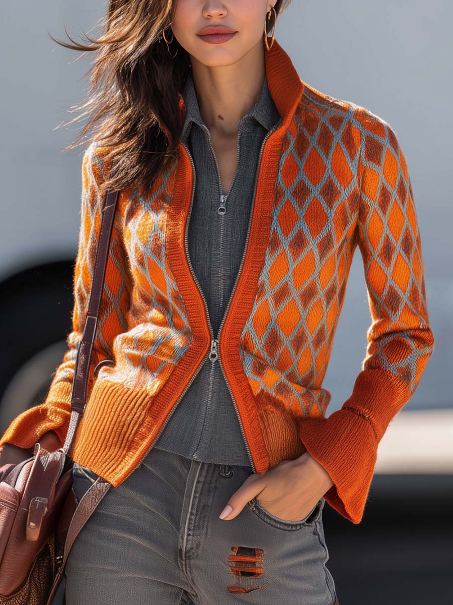 Retro Versatile Lapel Front Zipper Orange Diamond Check Knitted Cardigan