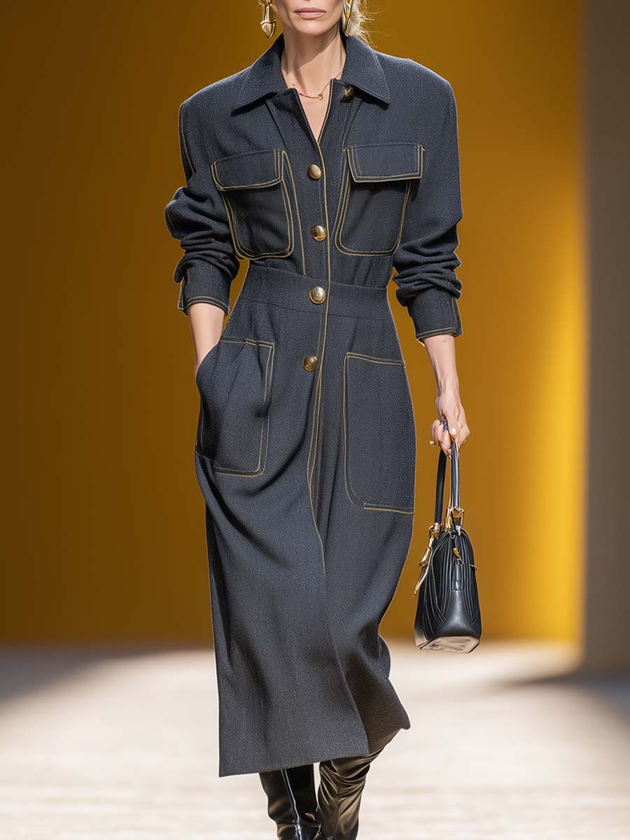 Relaxed And Sophisticated Urban Lapel Front Button Yellow Trim Gray Maxi Dress