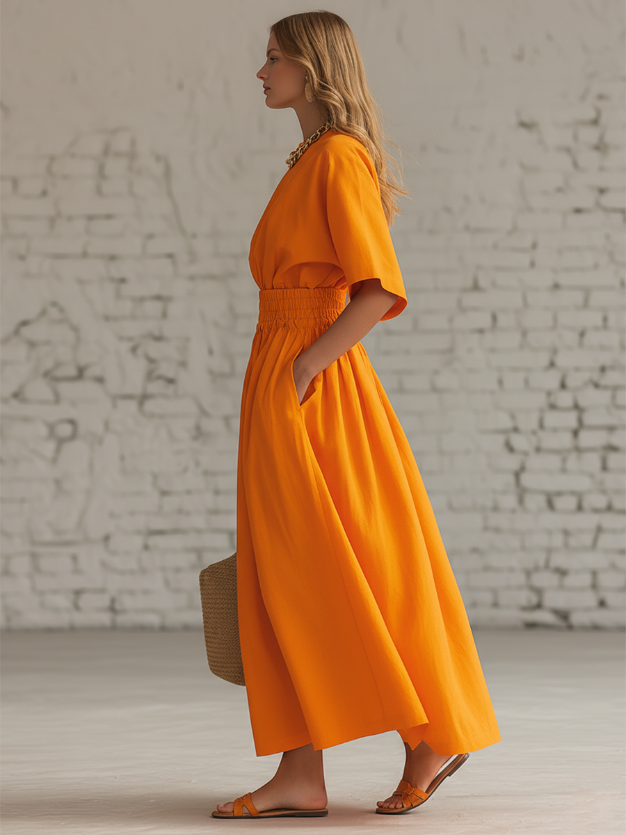 Retro Urban Orange Cotton Linen Loose Fitting Short Sleeved Top And Skirt Set