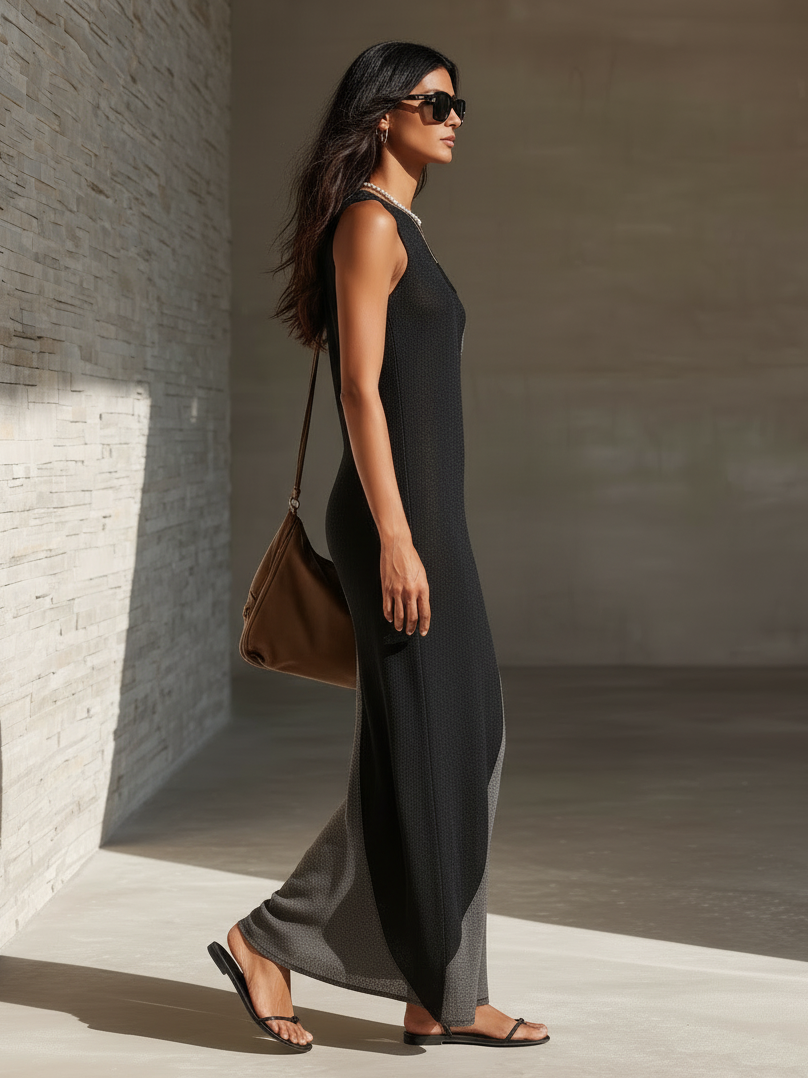 Stylish Minimalist Sleeveless One-Shoulder Contrast Paneling Waist Cutouts Straight Silhouette Stretchy Cotton Maxi Dress