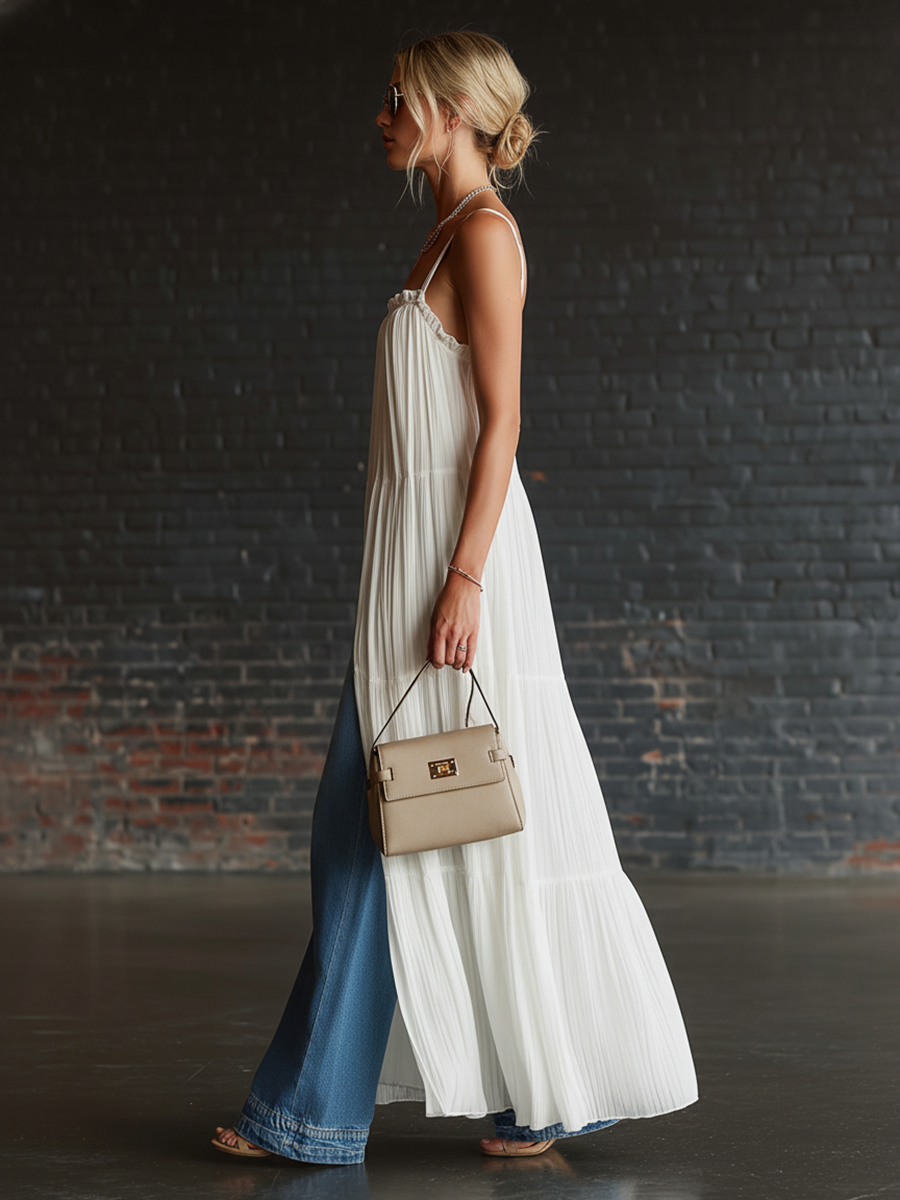 Stylish Simple Pleats Side Slits White Chiffon And Blue Jeans Set