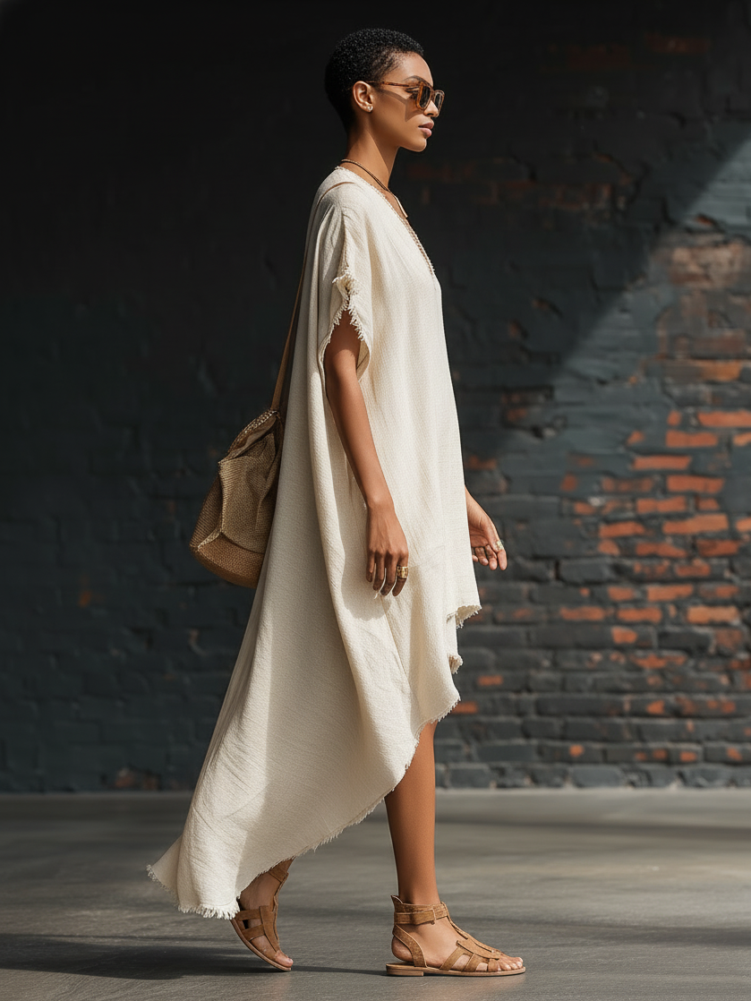 Stylish Minimalist V-Neck Short-Sleeve Asymmetrical Hem Frayed Trim Dress And Shorts White Cotton-Linen Set