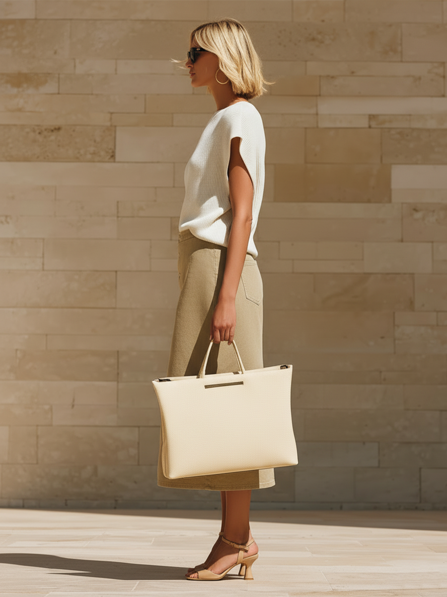 Stylish Minimalist Lightweight White Short-Sleeve Knit Top And Side Slit Khaki Denim Skirt Set