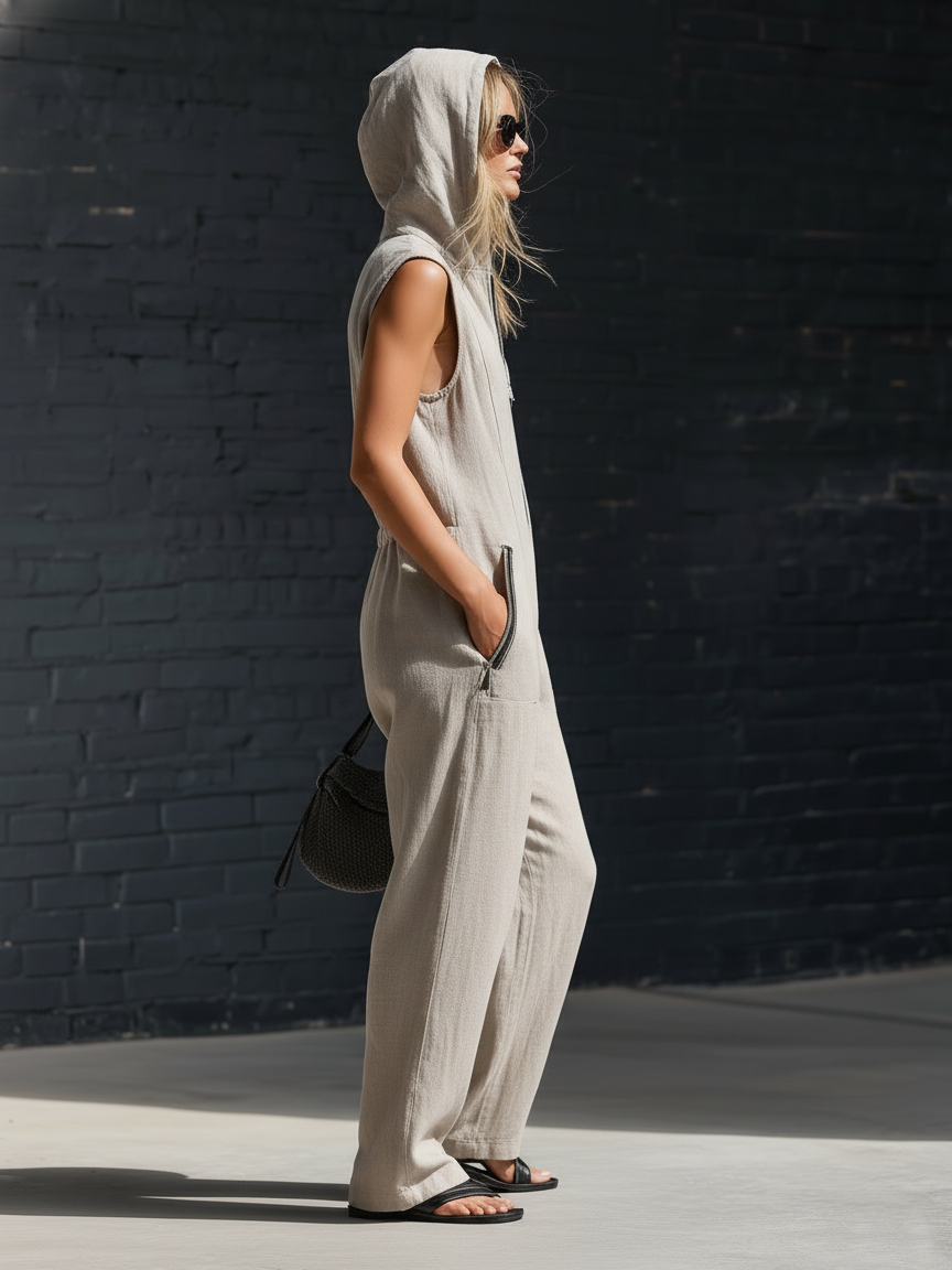 Stylish Minimalist Sleeveless Hooded Front Zipper Grey Cotton-Linen Jumpsuit