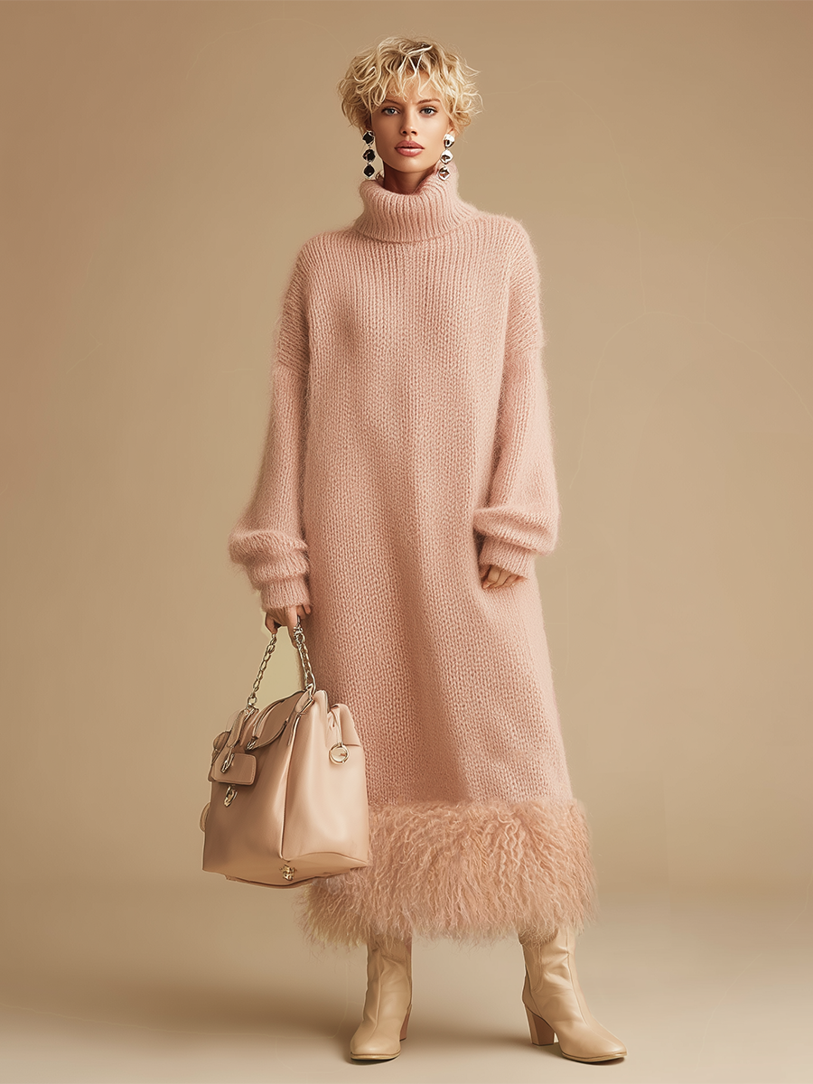 Retro Fashion Pink Turtleneck Furry Hem Knitted Midi Dress
