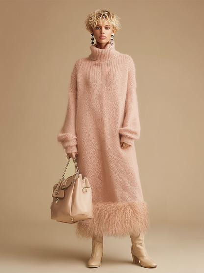 Retro Fashion Pink Turtleneck Furry Hem Knitted Midi Dress