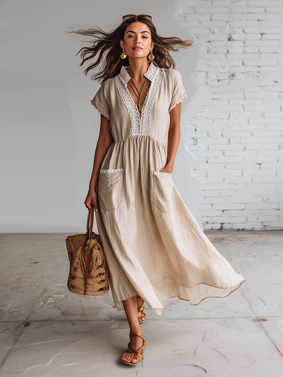 Bohemian Style Beige Linen Short-sleeved With Lace Patchwork Midi Dress