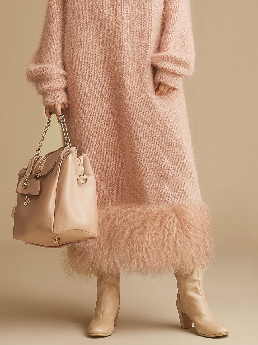 Retro Fashion Pink Turtleneck Furry Hem Knitted Midi Dress
