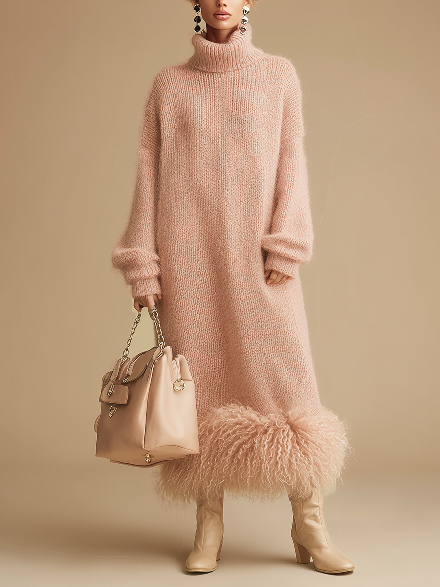 Retro Fashion Pink Turtleneck Furry Hem Knitted Midi Dress