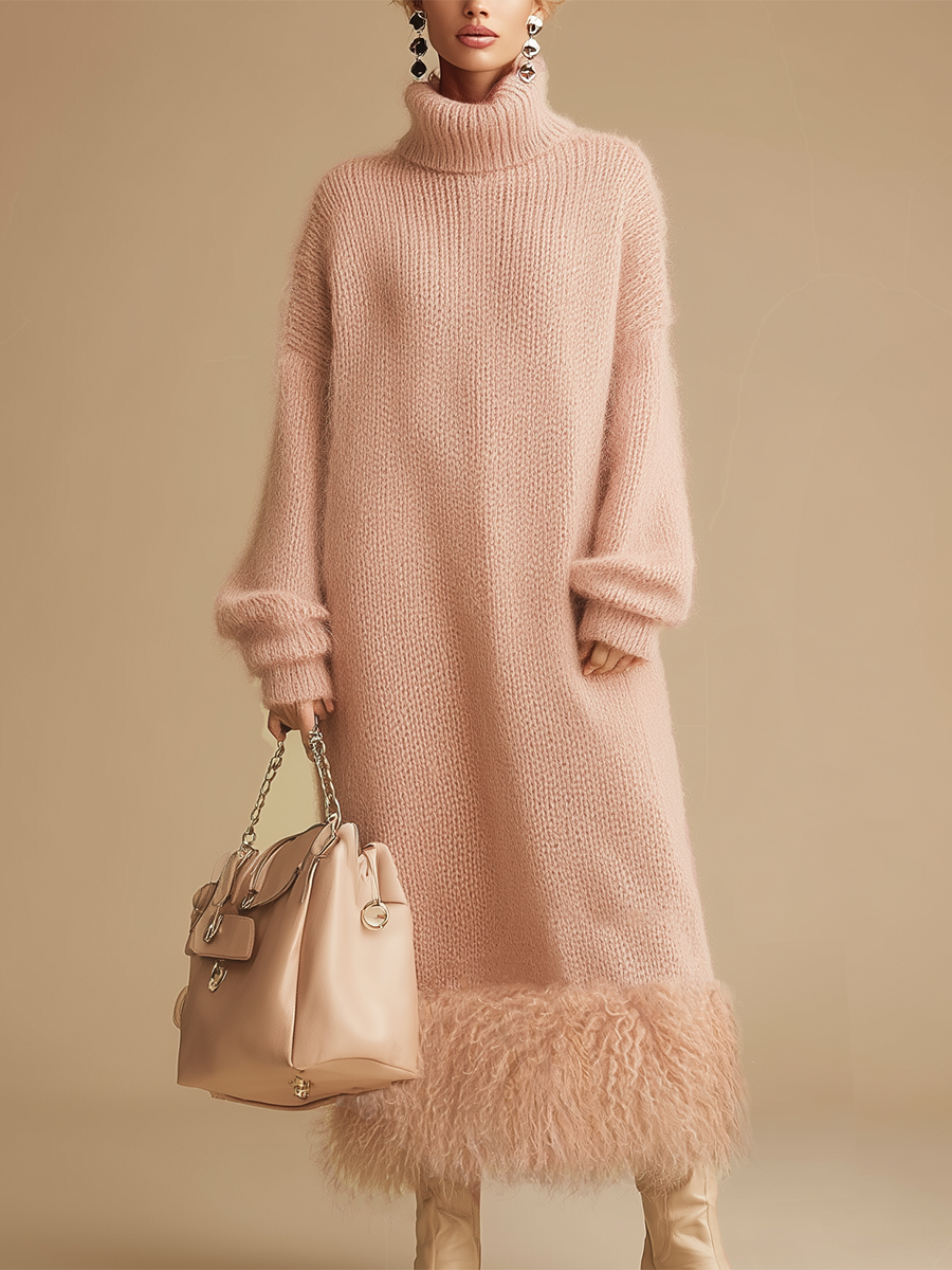 Retro Fashion Pink Turtleneck Furry Hem Knitted Midi Dress