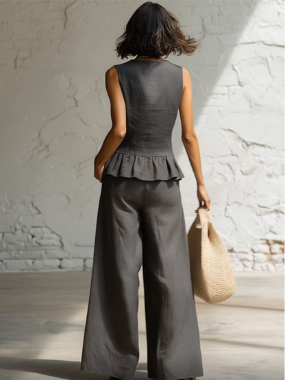 Urban Grey Cotton And Linen V-neck Ruffle Sleeveless Top And Wide Leg Pants Set