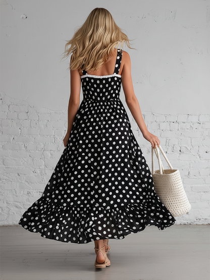 Resort Style Black Polka Dot Sleeveless Lace Patchwork Maxi Dress