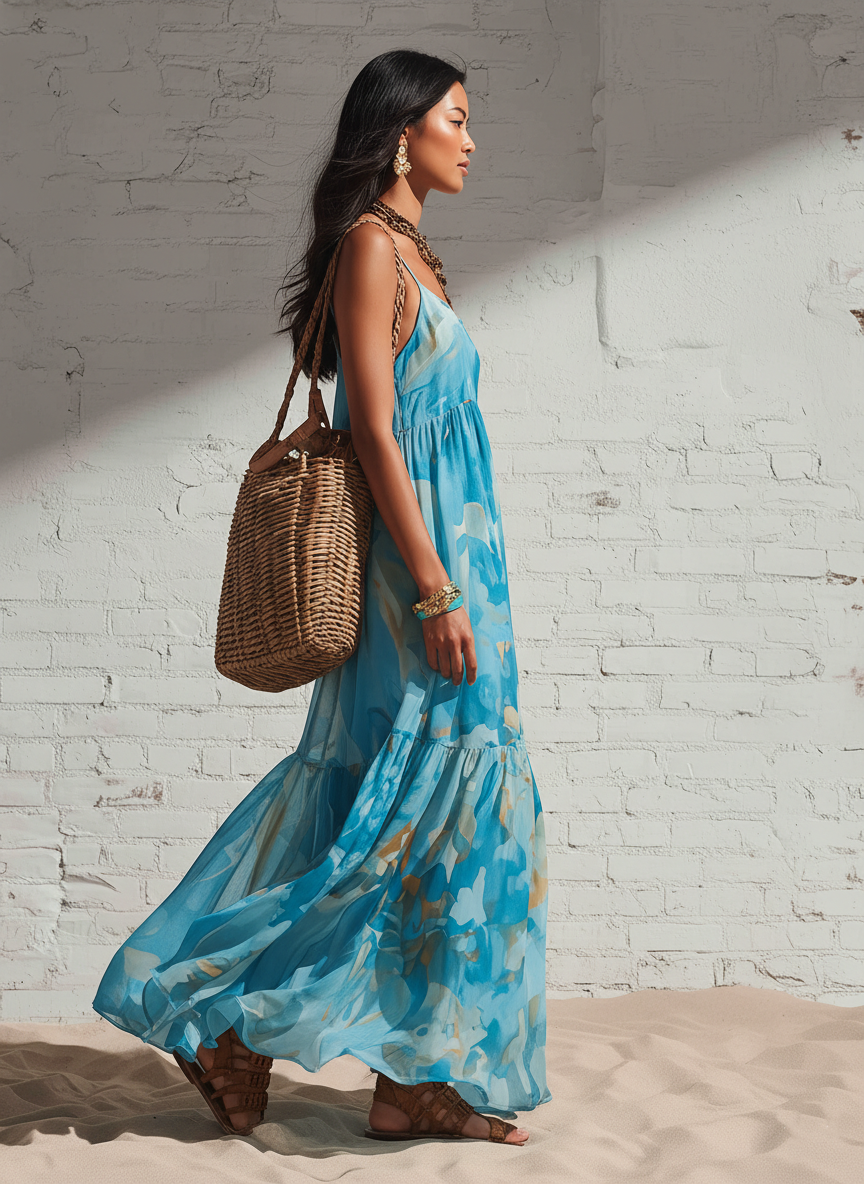 Vacation Style Blue Chiffon Strappy Printed Maxi Dress