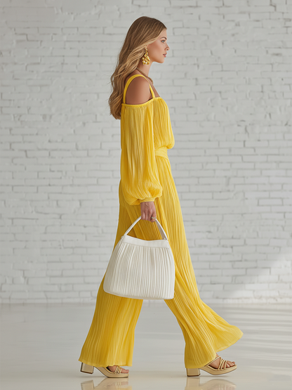 Casual Yellow Pleated Off Shoulder Chiffon Top And Wide Leg Pants Set