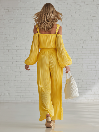 Casual Yellow Pleated Off Shoulder Chiffon Top And Wide Leg Pants Set