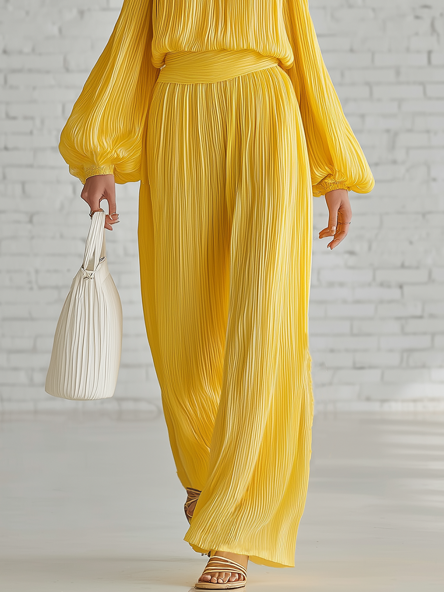 Casual Yellow Pleated Off Shoulder Chiffon Top And Wide Leg Pants Set