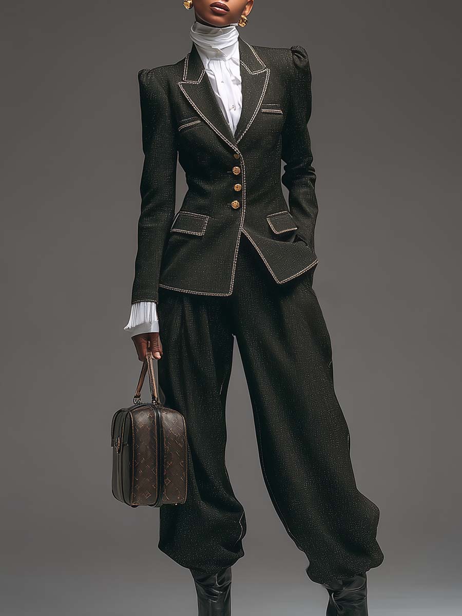 Vintage Exquisite Gray Tweed Peak Lapel White Trim Puff Shoulder Blazer And Pants Set