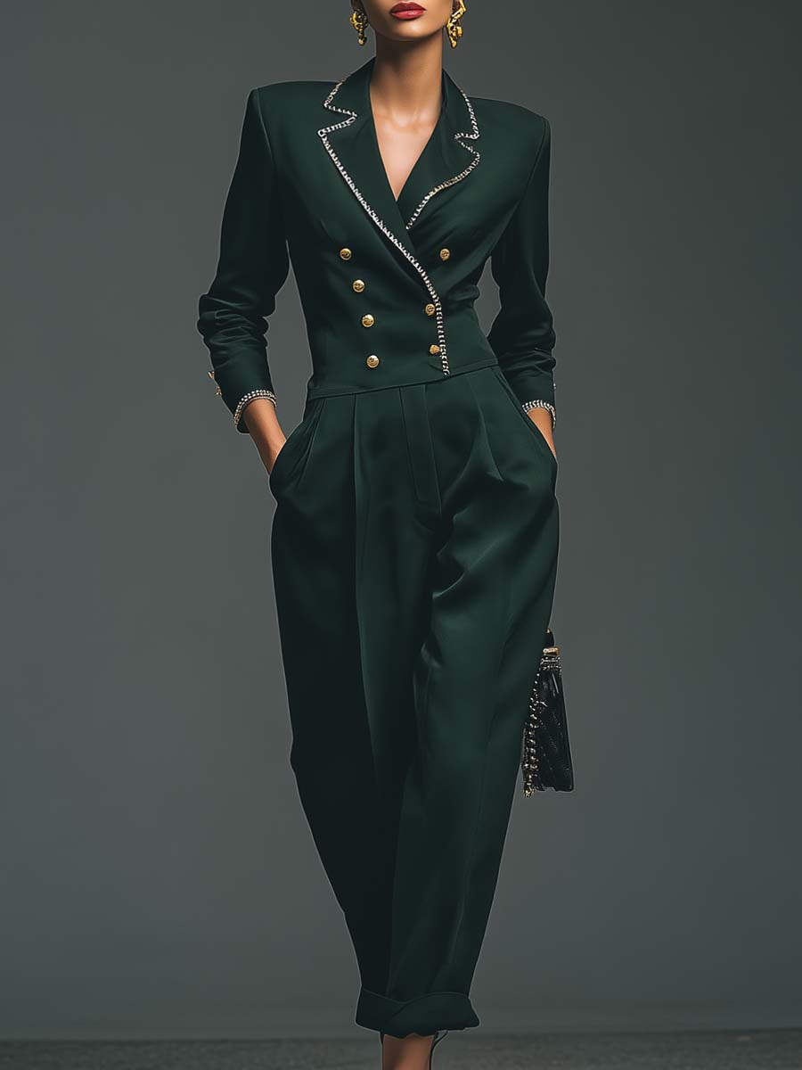 Retro Fashion Dark Green Satin Notch Lapel Silver Trim Short Blazer And Tapered Pants Suit