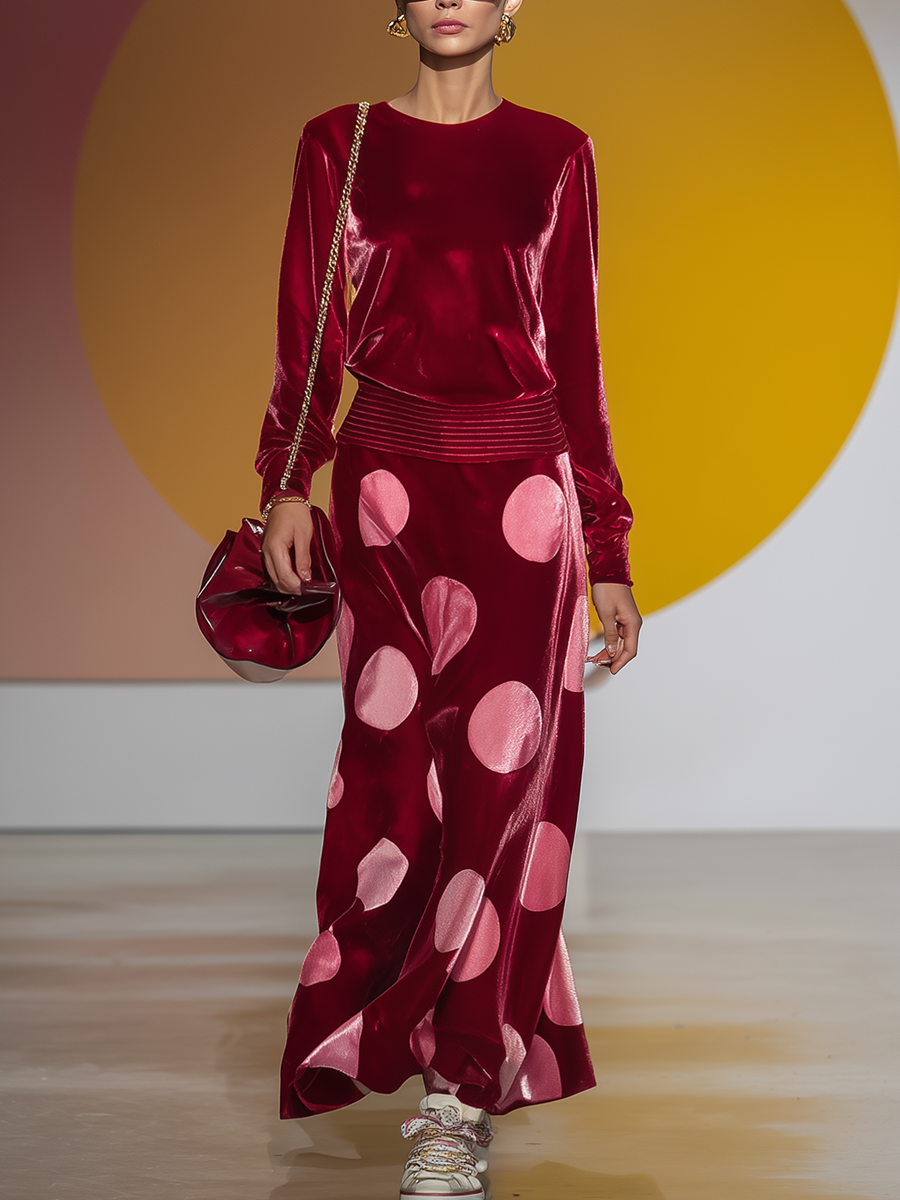 Retro Fashion Round Neck Waist Pleated Hem Polka Dot Print Red Velvet Maxi Dress