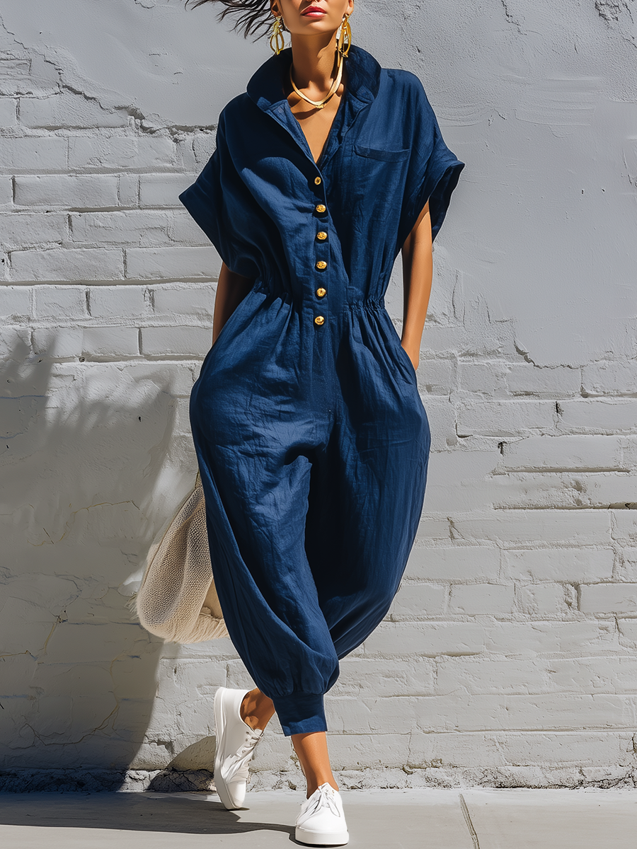 Stylish Simple Loose-fitting Short-sleeved Collared Front-button Cotton Blue Jumpsuit